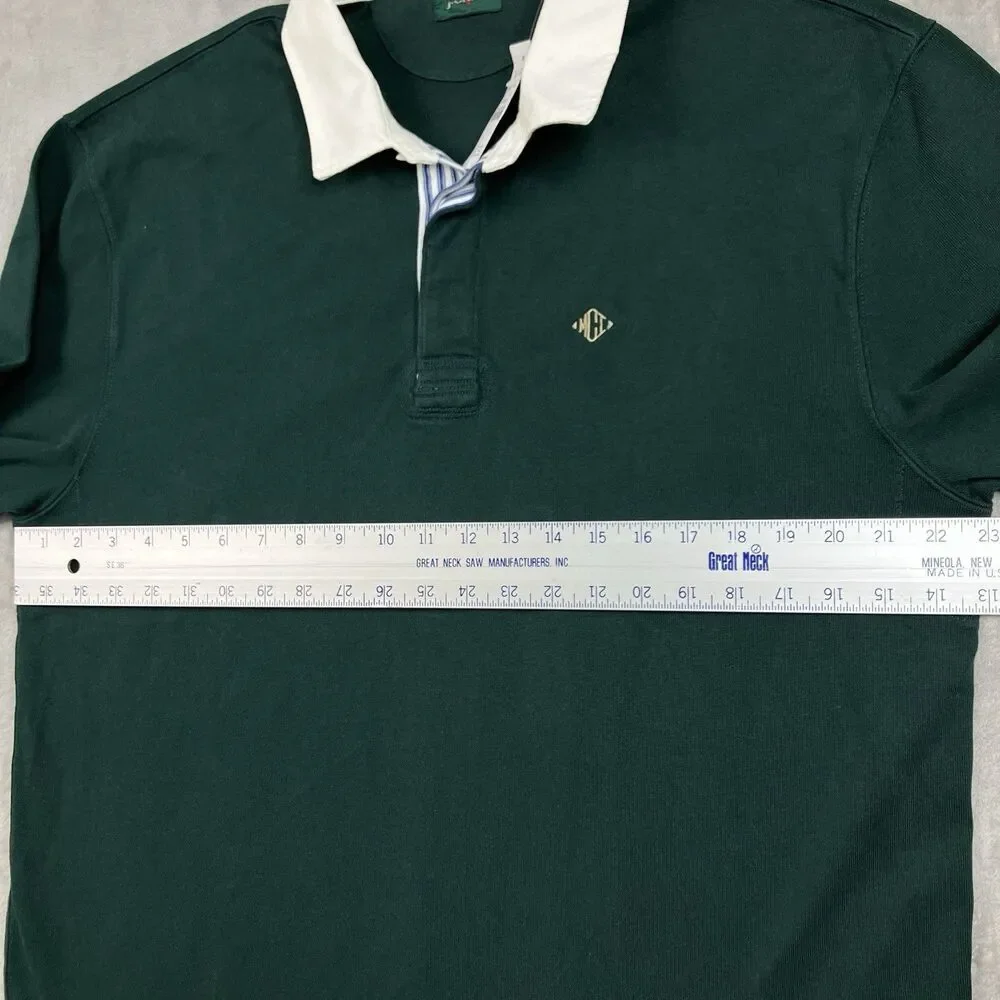 J CREW Rugby Polo Shirt Mens L Striped placket Green Preppy Blokecore